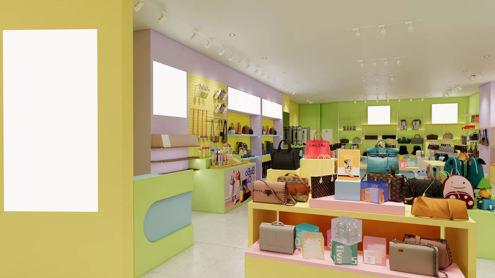 Display islands and nesting tables in main circulation zone