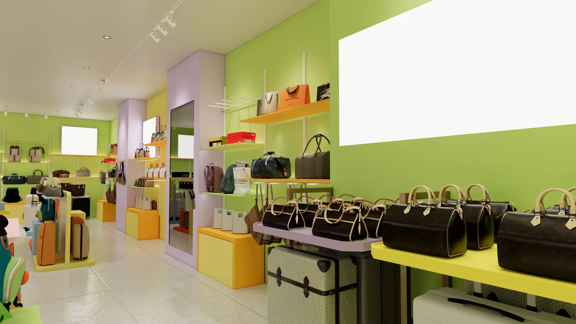 Interior rendering — color-blocked perimeter wall displays