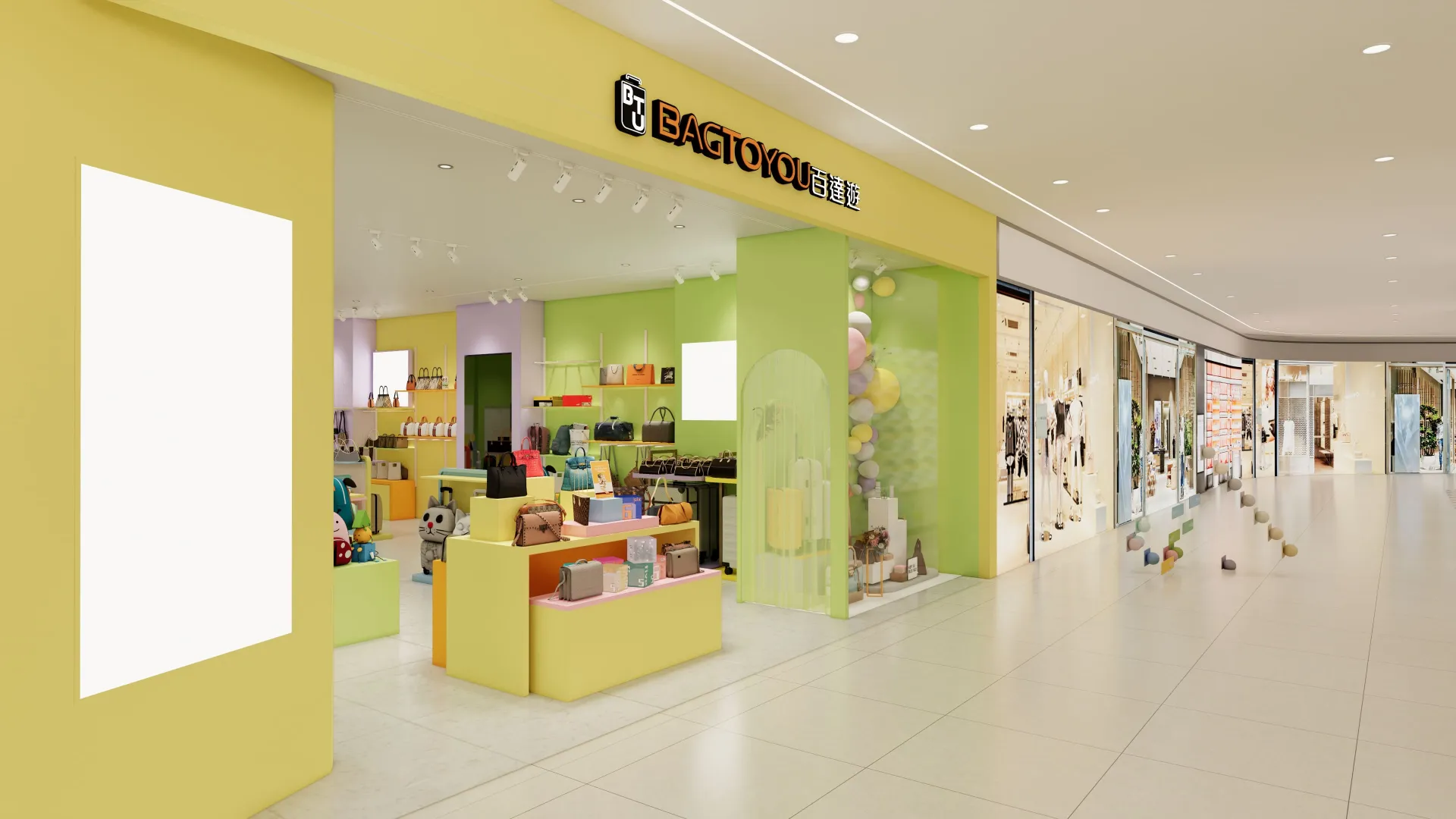 Storefront rendering — mall elevation with signage and window display