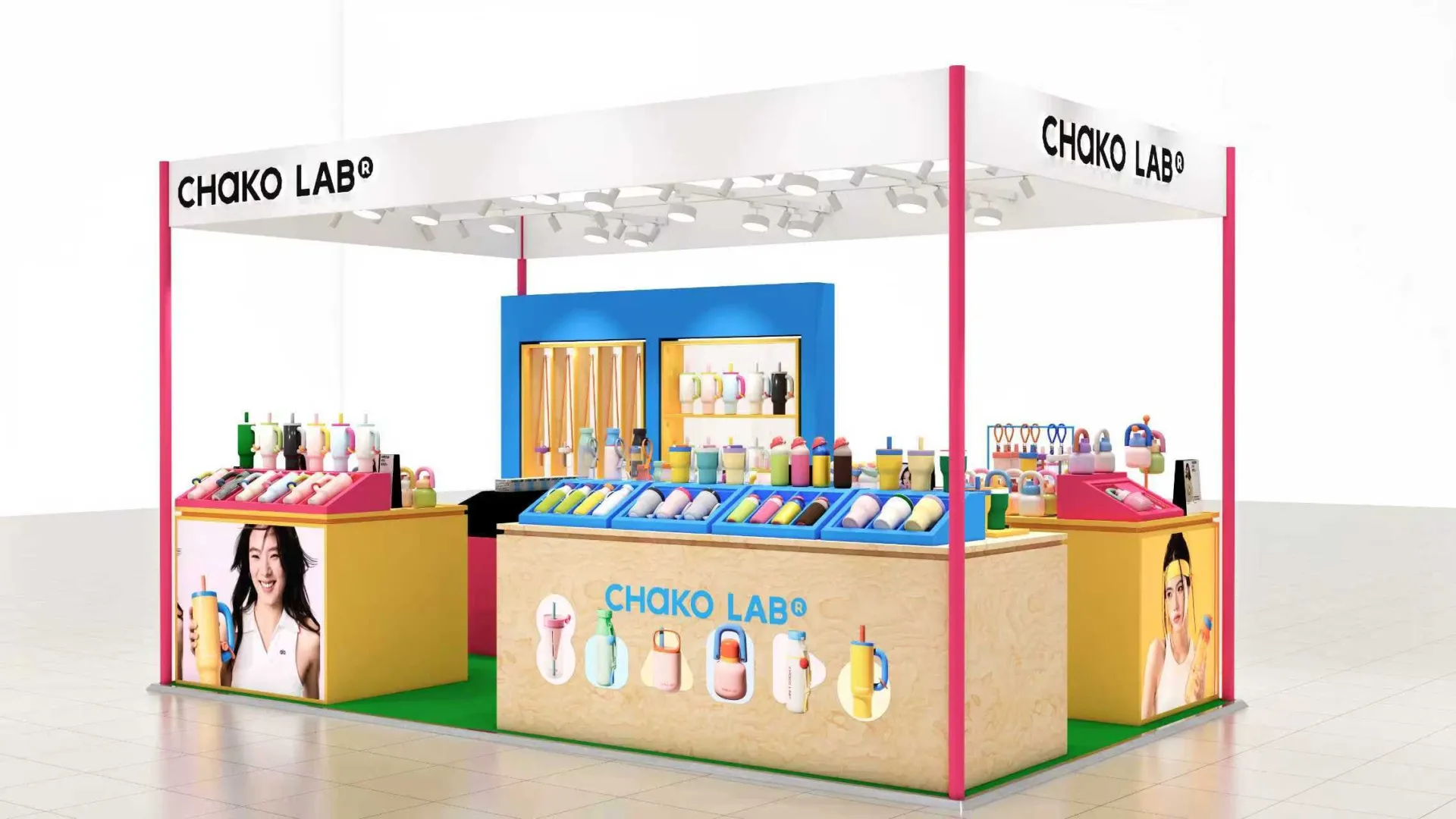 Front elevation rendering — color-blocked display bins and central counter