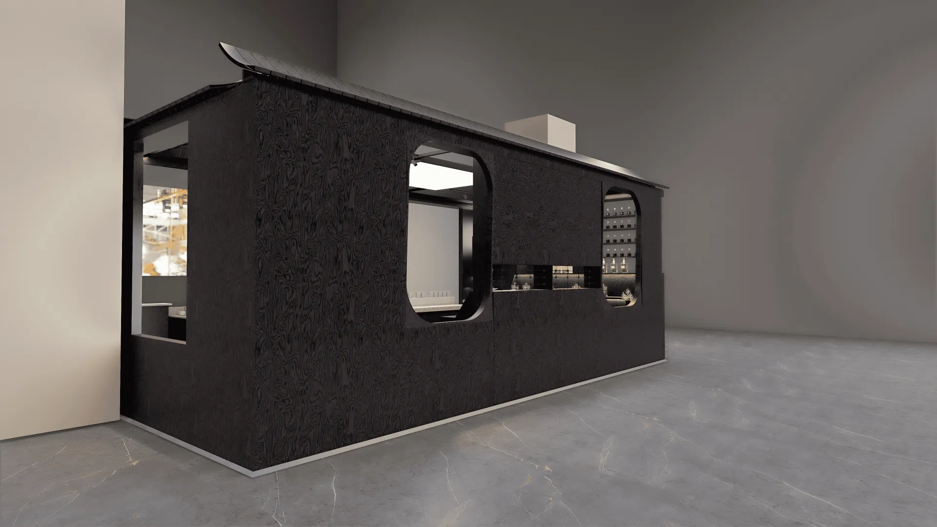 Rear rendering showing the enclosed textured-panel structure